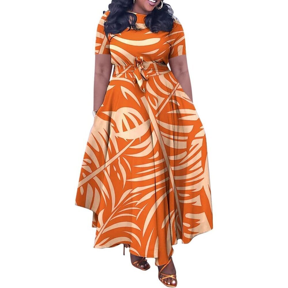 Plus Size Long A Line Dress Casual Sleeves Belted Summer for Women